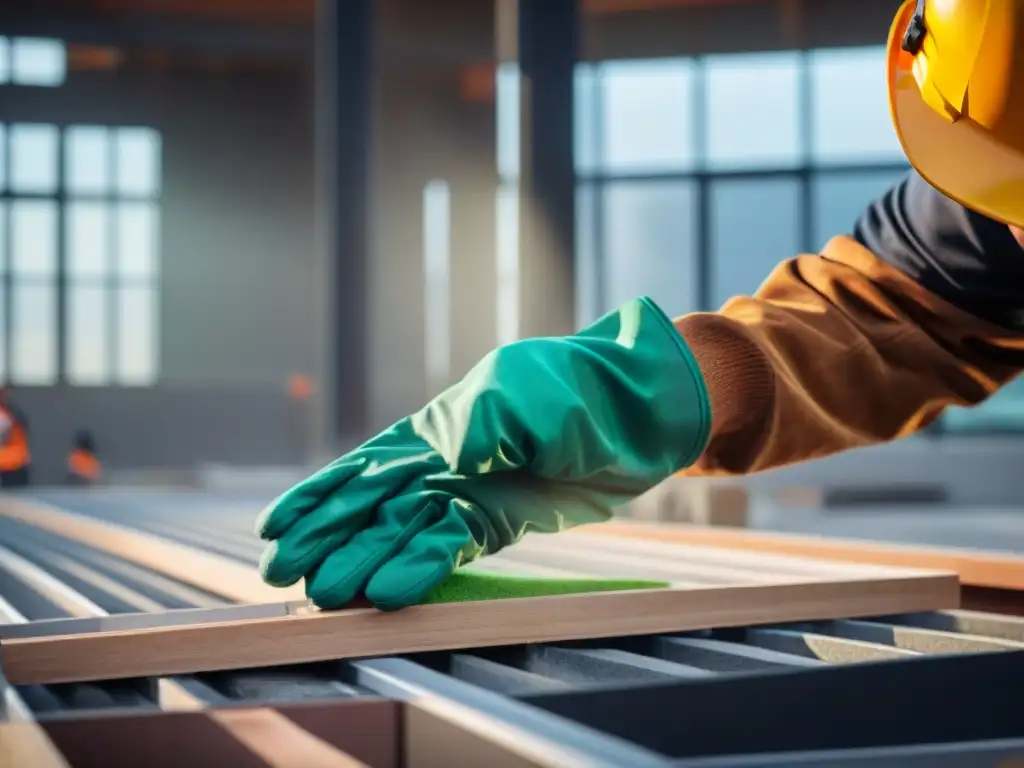 Un trabajador cuidadoso instalando materiales de construcción eficiencia energética en un edificio moderno, detallando textura y diseño