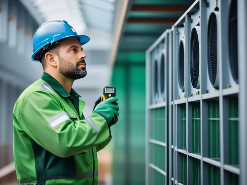 Un trabajador de mantenimiento en un edificio sostenible ajusta un sistema de ventilación avanzado