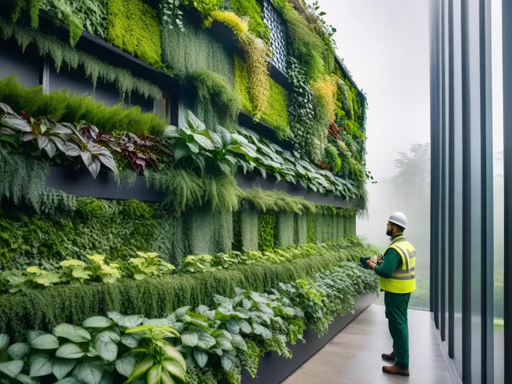 Trabajador de mantenimiento inspeccionando pared verde en edificio sostenible