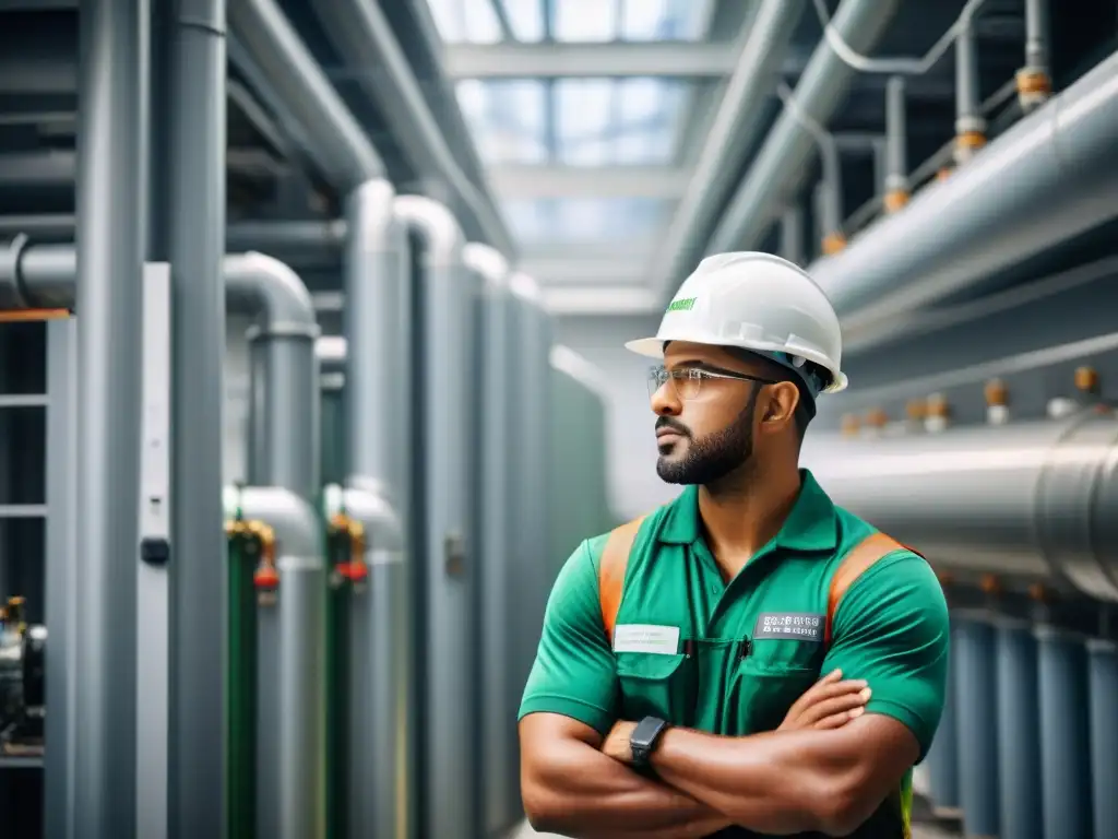 Un trabajador de mantenimiento inspecciona un sistema HVAC en un edificio sostenible, mostrando dedicación a la preservación de estándares ambientales