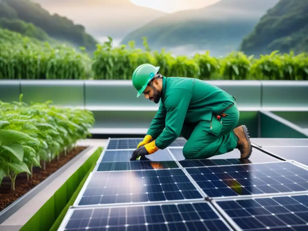 Un trabajador de mantenimiento en uniforme verde ajustando paneles solares en un edificio sostenible