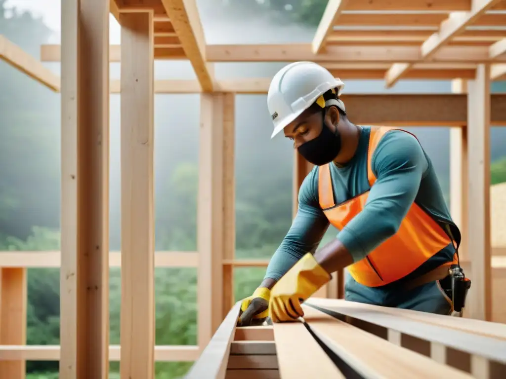 Trabajador instalando material de construcción ecológico en obra, cuidando la salud y la huella ecológica