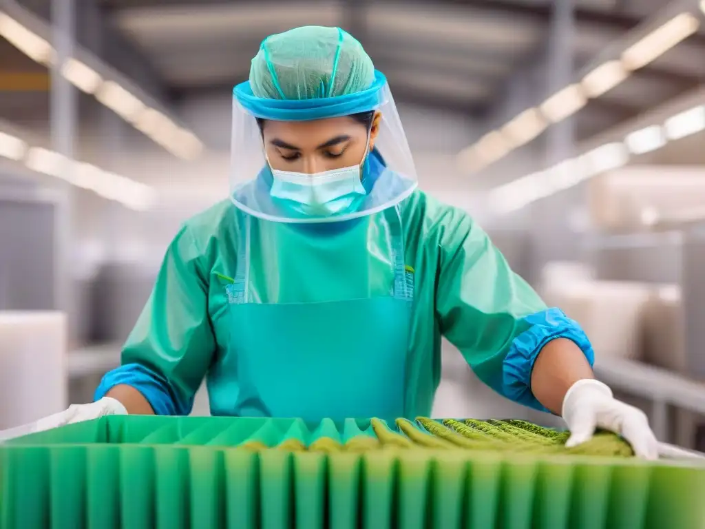 Trabajador inspeccionando material de envasado biodegradable en fábrica sostenible