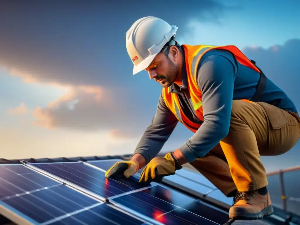 Un trabajador instala paneles solares en un edificio moderno al atardecer, reflejando la certificación BREEAM en construcción sostenible