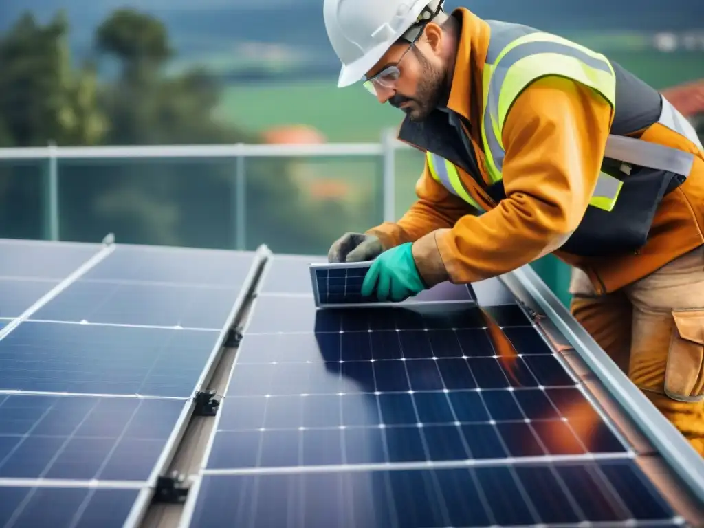 Un trabajador instala paneles solares en edificio ecoamigable, destacando materiales construcción ecoamigables huella carbono