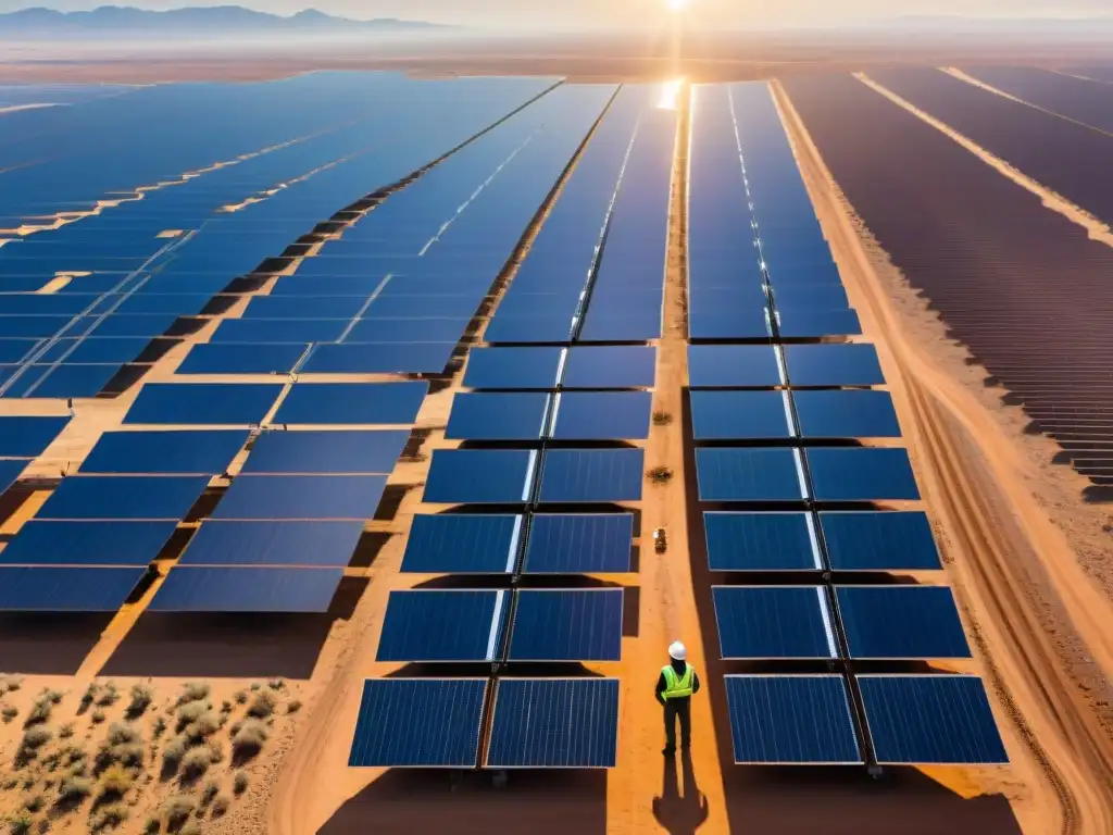 Un trabajador solitario inspecciona paneles solares en un desierto, destacando la autosuficiencia con energías renovables