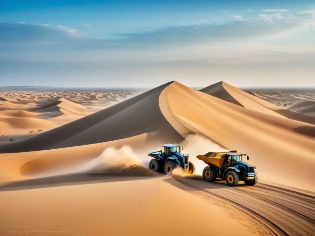 Trabajadores cosechando arena en desierto, recurso para construcción sostenible