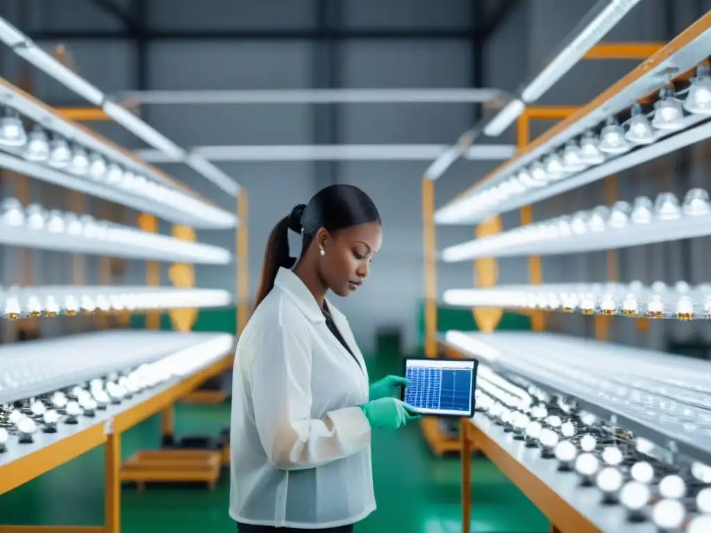 Trabajadores ensamblan bombillas LED en planta sostenible, reflejando precisión e innovación