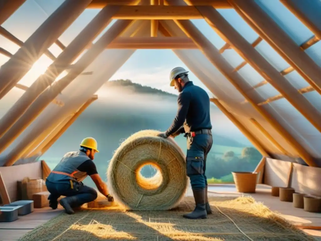 Trabajadores construyendo una casa de paja con aislamiento natural, en una escena bañada por la cálida luz dorada