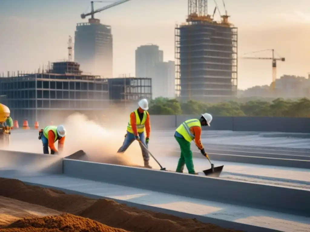 Trabajadores vertiendo concreto ecológico en una obra moderna, resaltando innovación y sostenibilidad