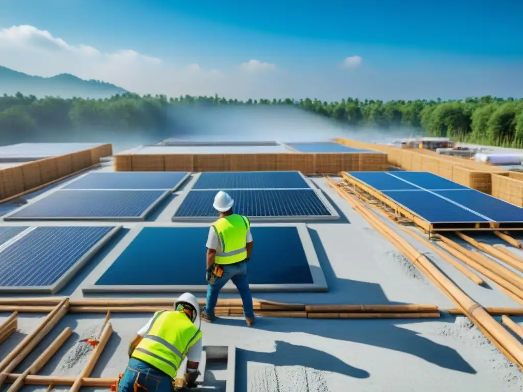 Trabajadores vierten concreto ecológico en obra moderna con materiales sostenibles y cielo azul despejado