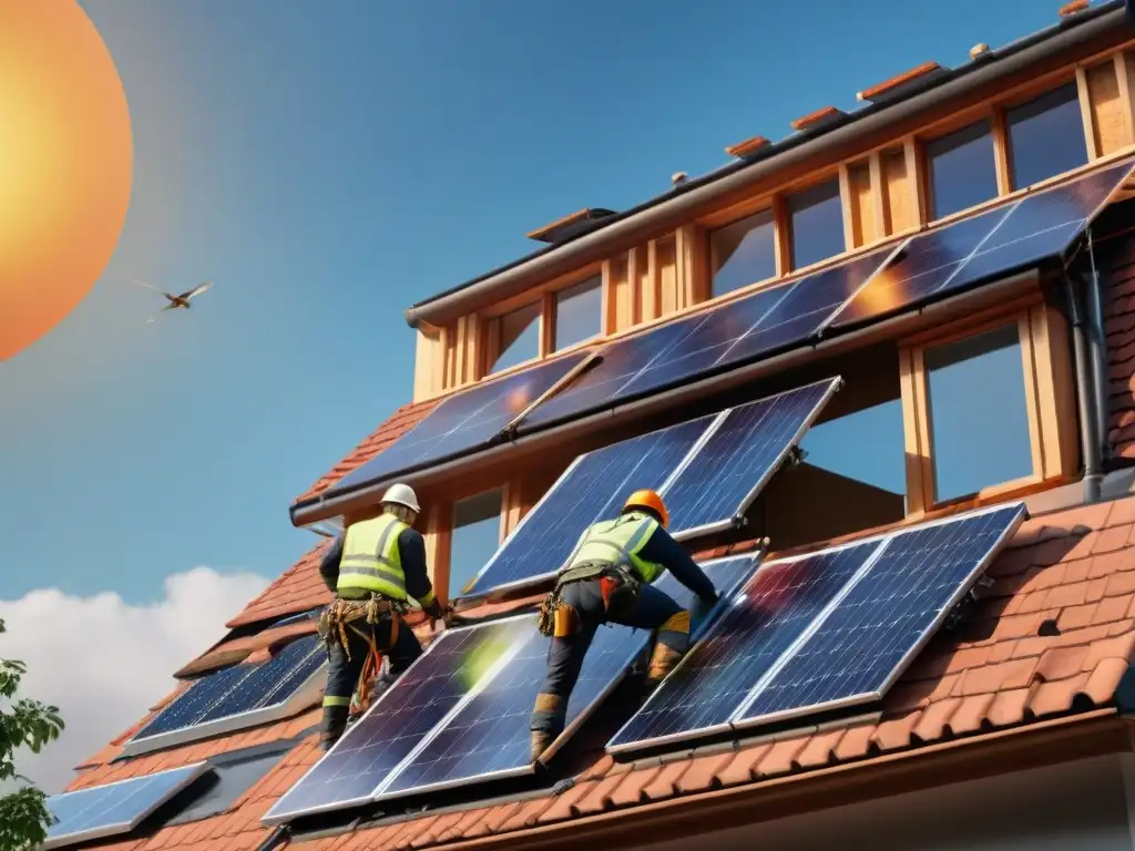 Trabajadores mejoran eficiencia energética de edificio residencial con paneles solares, aislamiento y ventanas eficientes