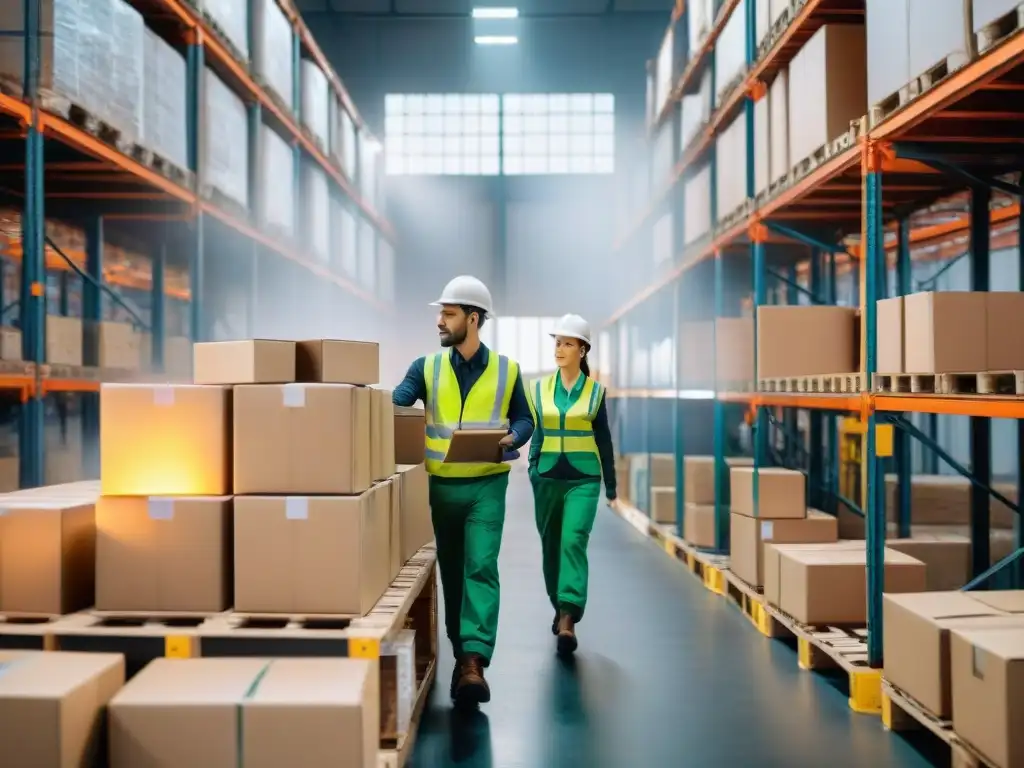 Trabajadores en almacén empaquetando con GreenPackaging para reducir impacto ambiental