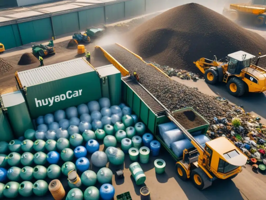 Trabajadores ordenando materiales reciclables en una planta de reciclaje, resaltando la economía circular y los materiales verdes