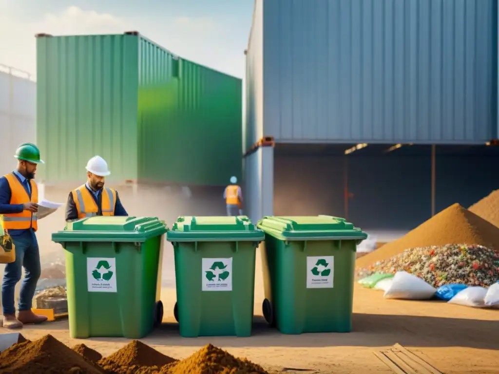 Trabajadores en obra con cascos verdes clasifican materiales en contenedores de reciclaje