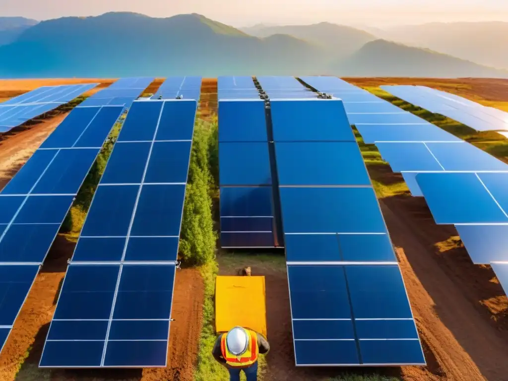 Trabajadores inspeccionan paneles solares en un campo extenso, reflejando la importancia de la energía renovable para futuro sostenible