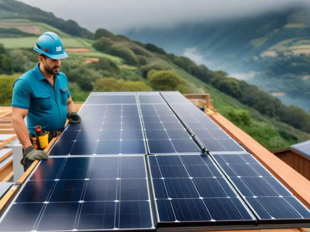 Trabajadores instalan paneles solares, sistema de recolección de agua de lluvia y ventanas eficientes en construcción ecofriendly