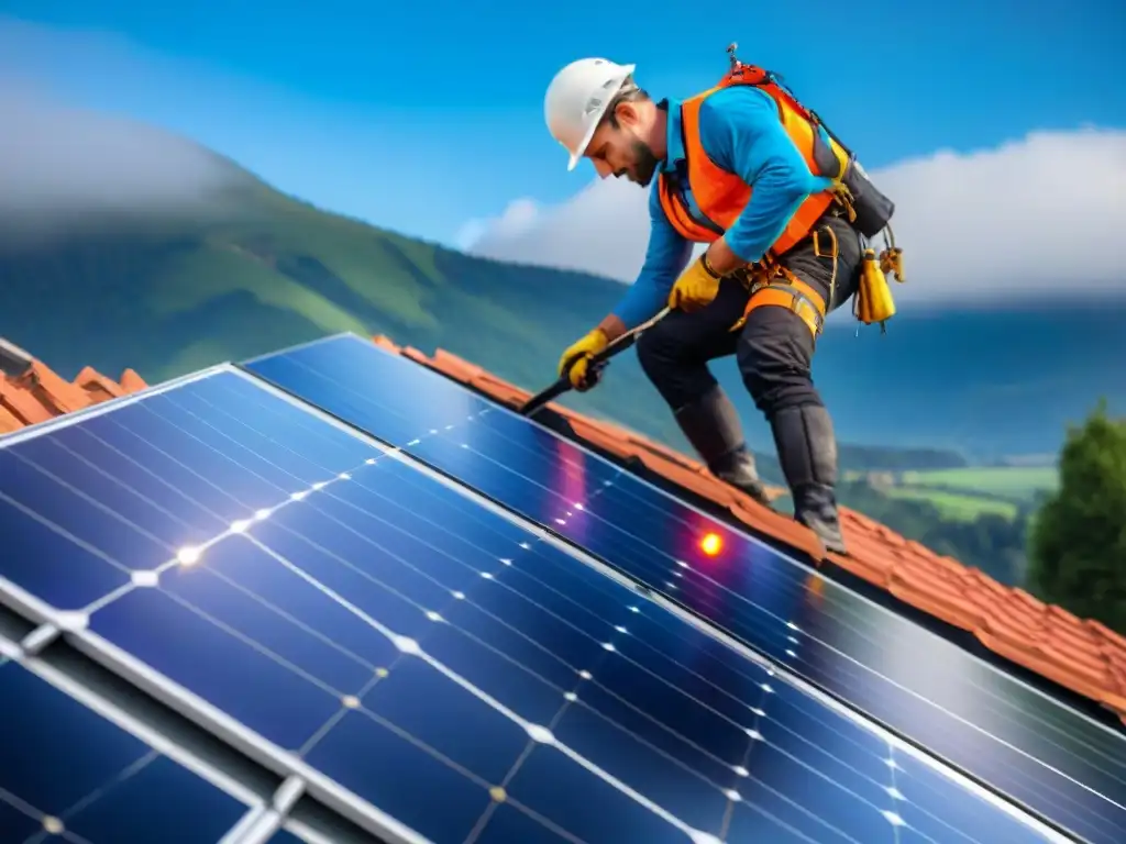 Trabajadores instalando paneles solares en el techo de una casa ecológica, bajo el cielo azul