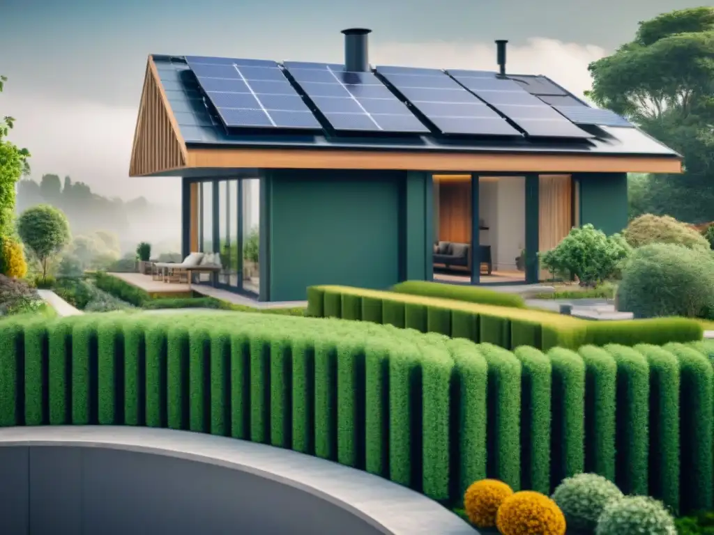 Renovación eco en hogar: paneles solares, ventanas eficientes y jardín verde Trabajadores instalan paneles solares y ventanas eficientes en una casa ecológica