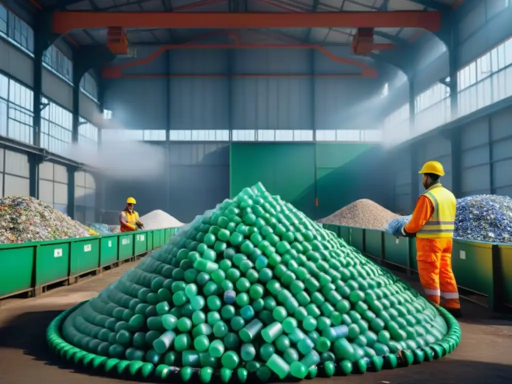 Trabajadores en planta de reciclaje separando materiales verdes economía circular