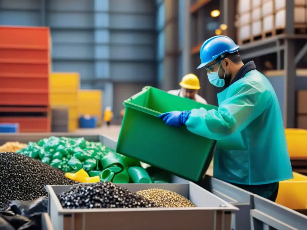 Trabajadores en planta de reciclaje separan plásticos para reciclaje