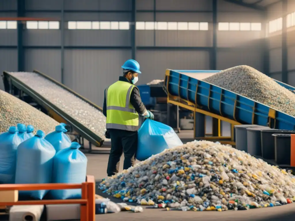 Trabajadores en planta de reciclaje moderna, transformación residuos en recursos