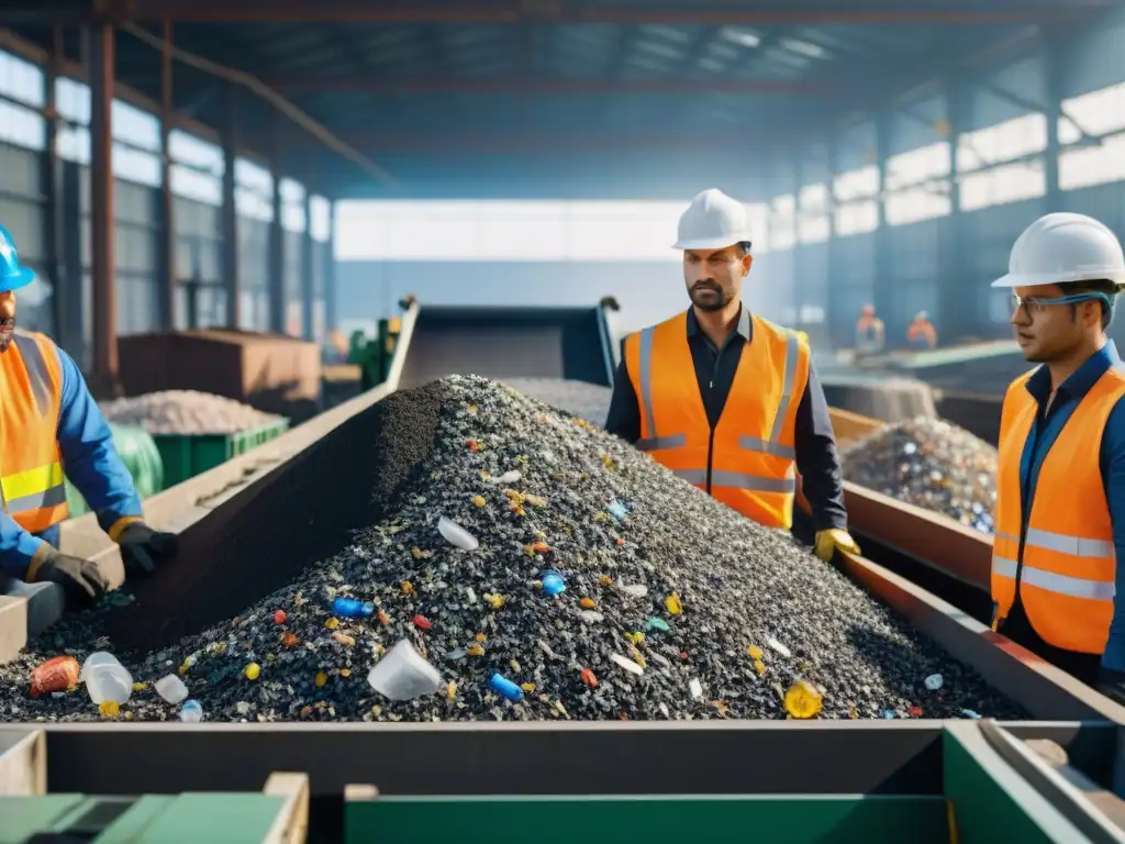 Trabajadores en planta de reciclaje transformando residuos en recursos, con expresiones concentradas y detalles de materiales variados