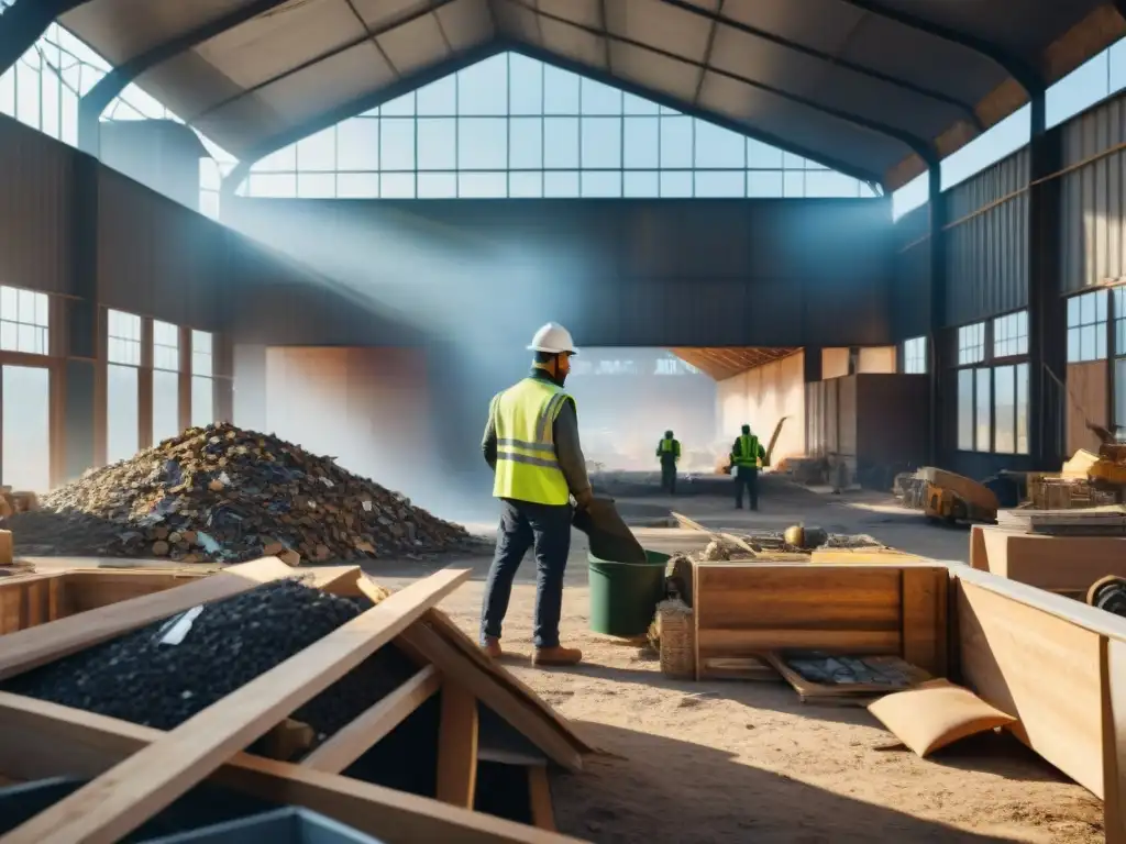 Trabajadores en proyecto de construcción sostenible, seleccionando materiales reciclados con cuidado y colaboración en equipo