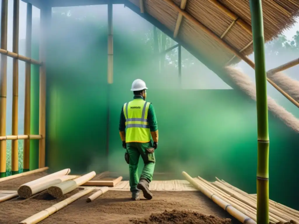 Trabajadores en sitio de construcción sostenible usando materiales biodegradables como bambú y madera reciclada