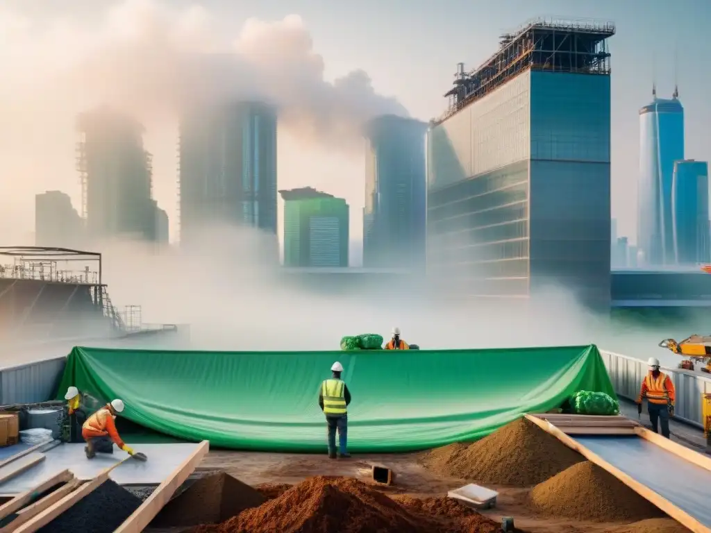 Trabajadores en sitio de construcción verde, reciclando vidrio, metal y plástico