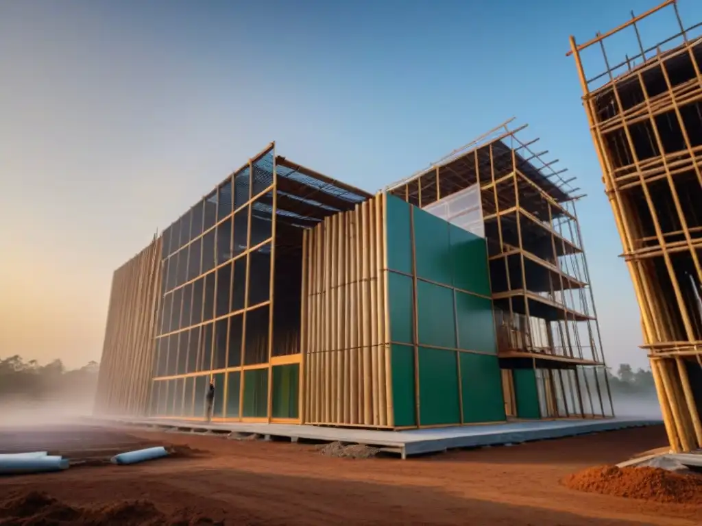 Trabajo en construcción ecoamigable al atardecer con materiales sostenibles y huella de carbono reducida