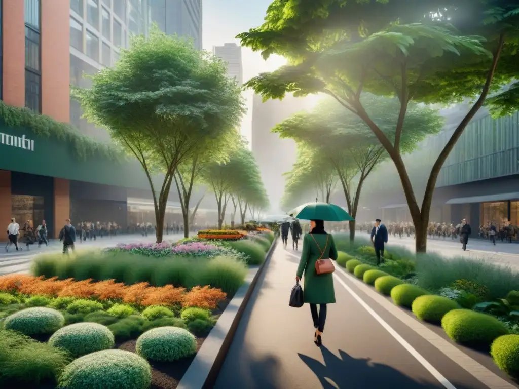 Tranquilidad en diseño urbano: calle bulliciosa convertida en paseo verde con árboles altos, flores y peatones bajo un dosel verde