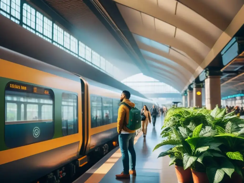 Estación de tren urbana convertida en oasis verde, con plantas vibrantes colgando del techo y las paredes, y pasajeros admirando el entorno natural