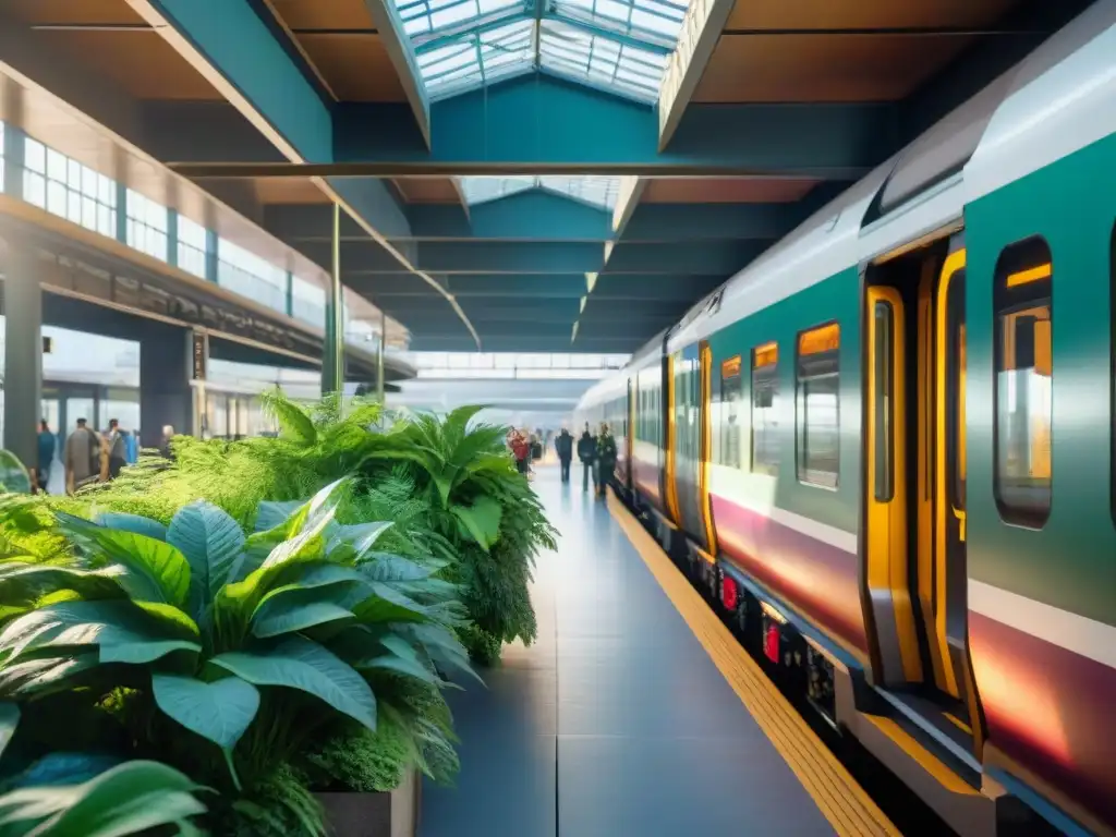 Estación de tren urbana con exuberante vegetación, reflejando armonía entre naturaleza y ciudad