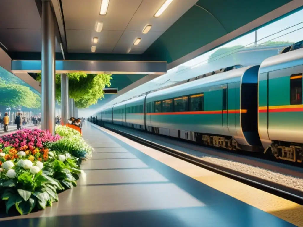 Estación de tren urbana con jardín integrado, pasajeros interactuando con la naturaleza