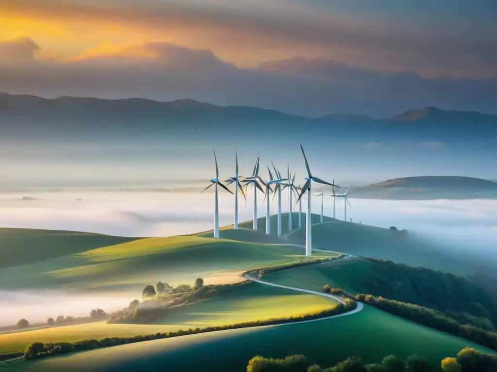 Turbinas eólicas en paisaje vasto al atardecer, respetando normativas ambientales países líderes