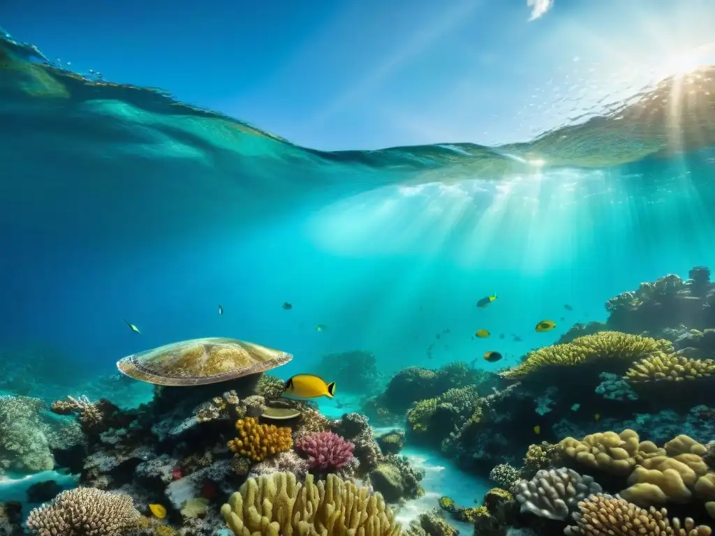Turismo sostenible en el Caribe: arrecife de coral vibrante con peces coloridos y tortuga marina, reflejando la belleza de la vida marina