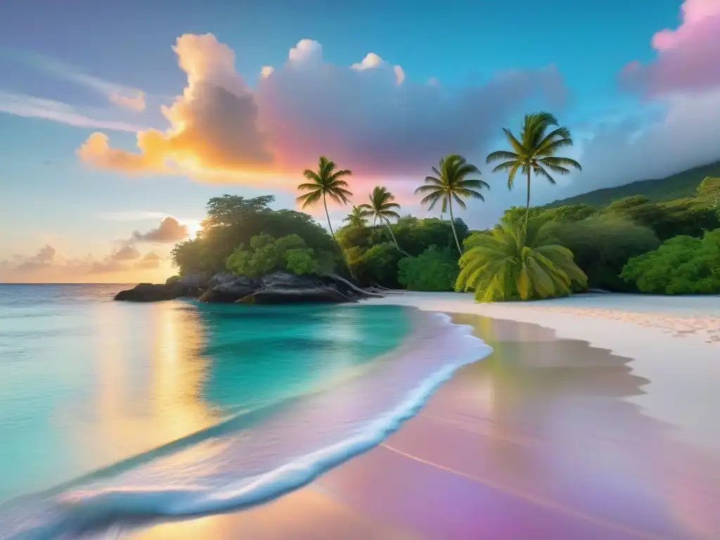 Disfruta del turismo sostenible en el Caribe: atardecer en una playa prístina con aguas turquesas y peces tropicales