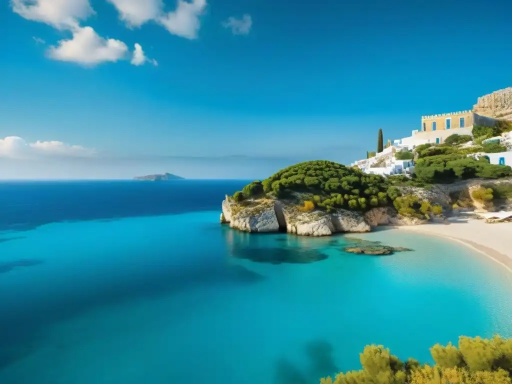 Turismo sostenible en Islas Griegas: Playa serena con aguas turquesa y arquitectura griega tradicional entre vegetación exuberante