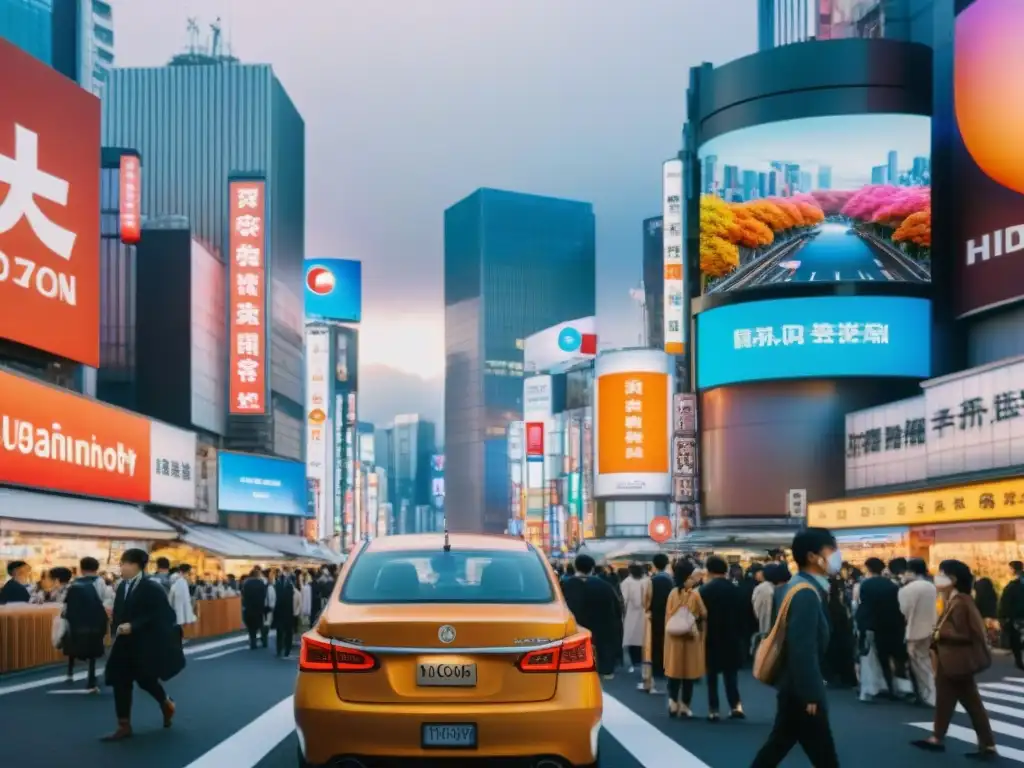 Turismo sostenible en Japón: Fusión de tradición y modernidad en bulliciosa calle de Tokio, turistas con AR glasses interactúan con displays digitales