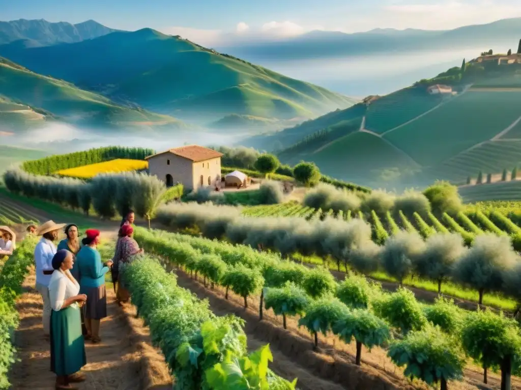 Turistas participan en taller de agricultura orgánica en granja italiana al atardecer