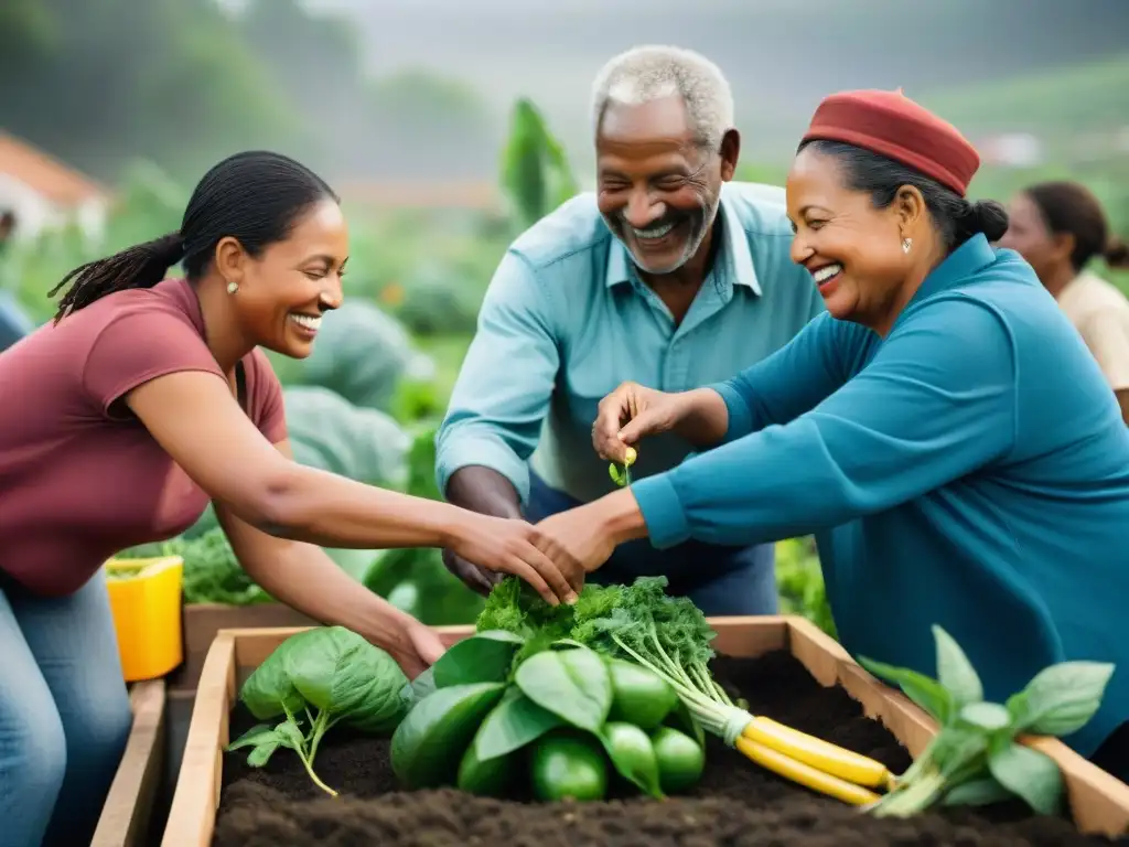 Unidos en la resiliencia en comunidades sostenibles: diversidad de edades cosechando y sonriendo en un jardín comunitario