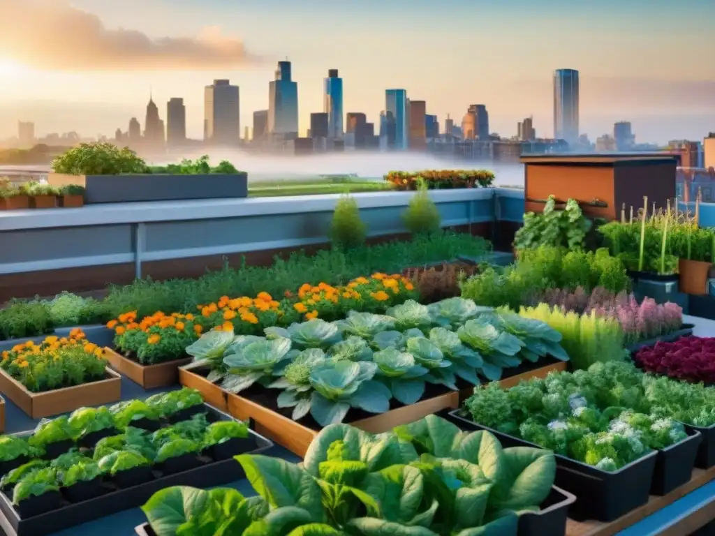 Un jardín urbano bullicioso con flores coloridas, vegetales y personas diversas cuidando las plantas