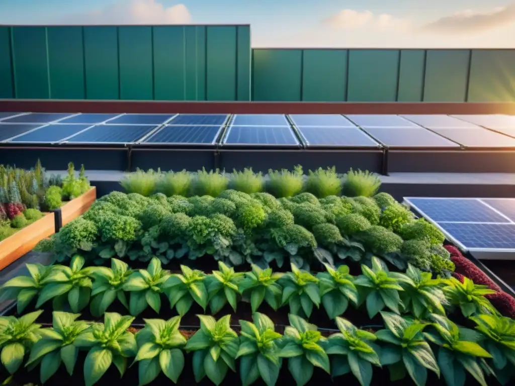 Un jardín urbano bullicioso con plantas verdes vibrantes bajo el sol, rodeado de paneles solares y emprendedores sonrientes en trajes sostenibles