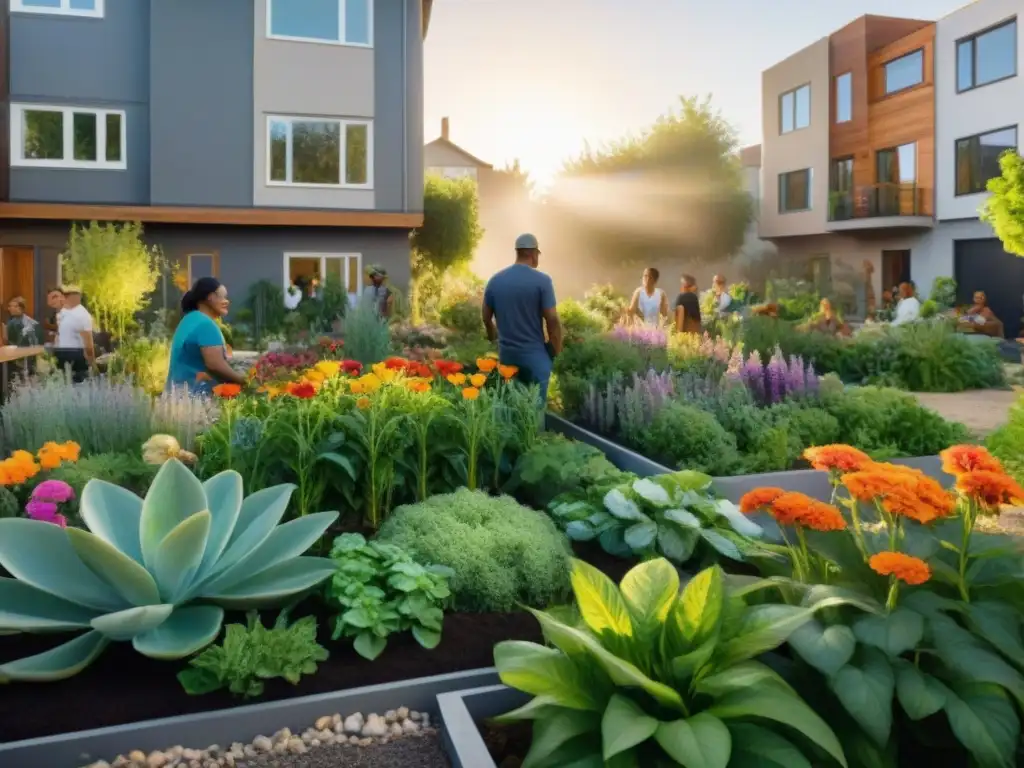 Un jardín urbano exuberante con flores vibrantes y árboles, regado por un sistema de reciclaje de aguas grises