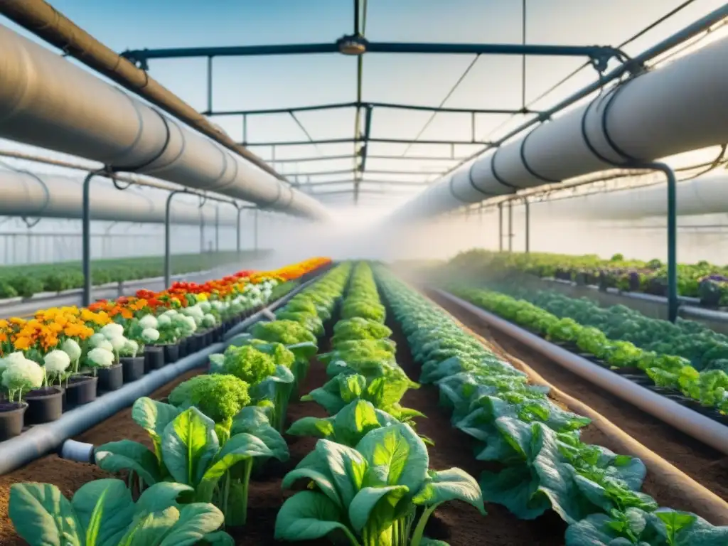 Un jardín urbano exuberante con verduras verdes y flores coloridas, regadas con agua reciclada