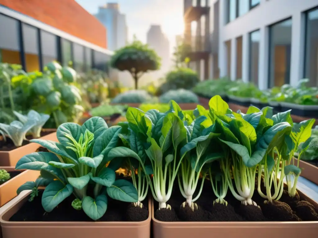 Un jardín urbano con huertos compactos sostenibles diseño, rebosante de verduras y vegetales coloridos bajo la luz suave del sol