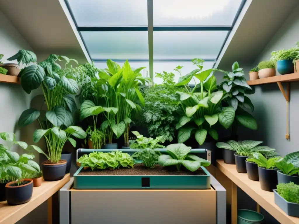 Un jardín urbano interior próspero con crecimiento saludable de plantas verdes bajo la luz natural