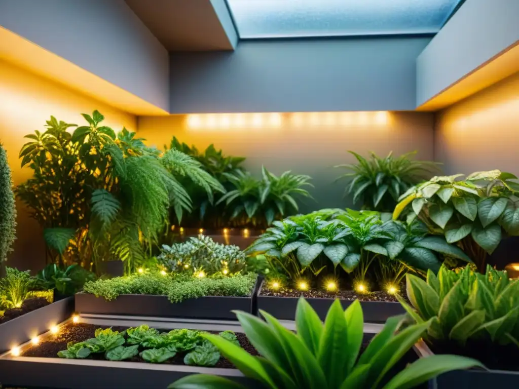 Un jardín urbano interior próspero y vibrante, con plantas verdes bajo luces de cultivo, reflejando la armonía entre tecnología y naturaleza