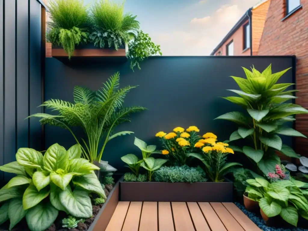 Un jardín urbano pequeño con técnicas de paisajismo, plantas vibrantes y diseño creativo